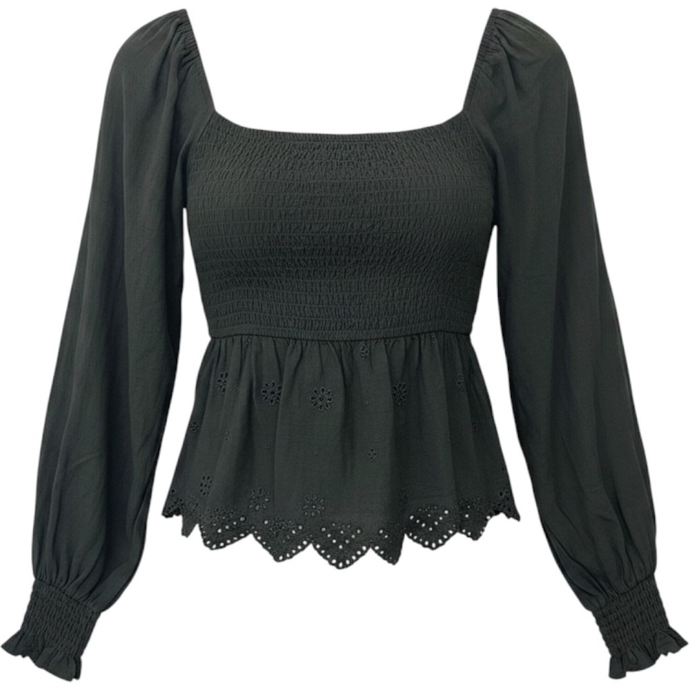 American Eagle Women's S Forest Green Smocked Eyelet Peplum Top Square Neck Boho